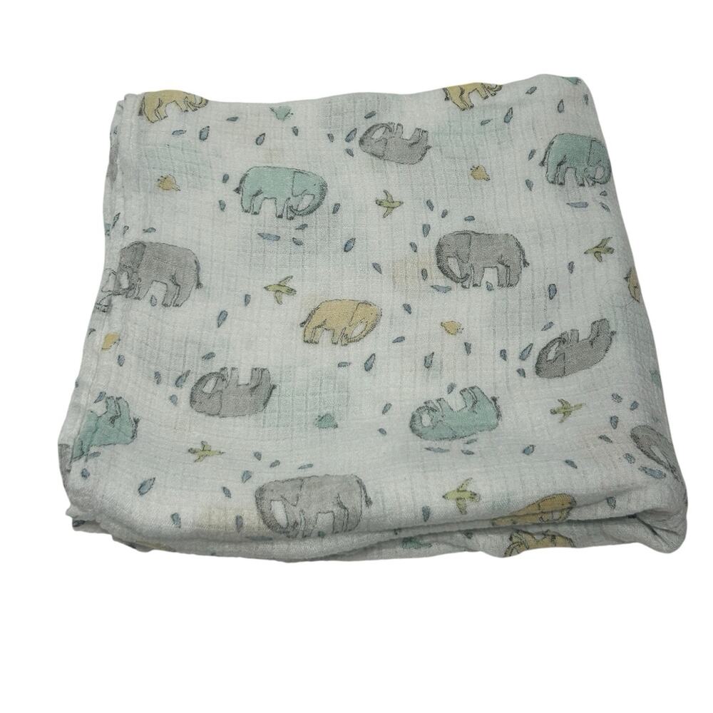 Aden + Anais Blue Gray Yellow Ellie Elephant Bird Baby Blanket Viscose Bamboo